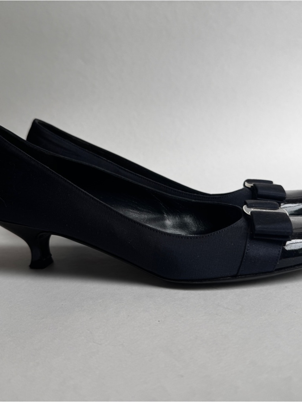 Salvatore Ferragamo Navy Kitten Heel Pumps with Bow